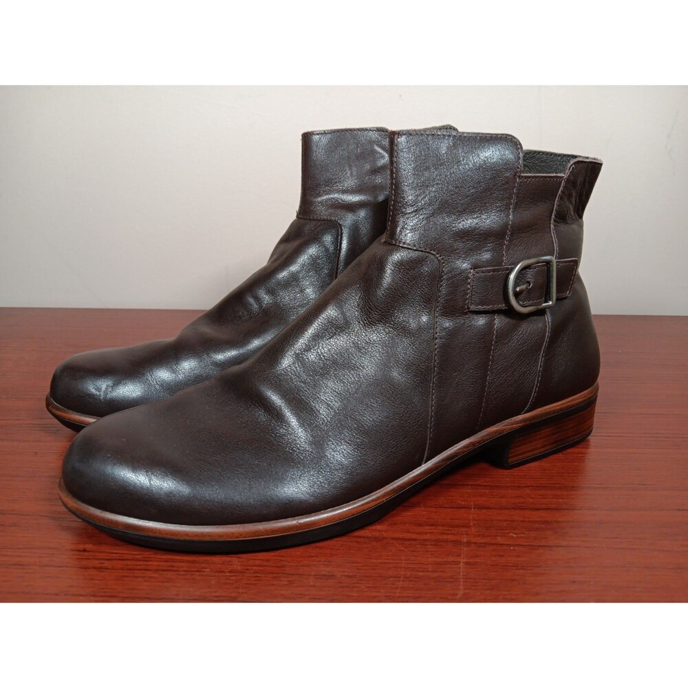 Naot Maestro Leather Ankle Boots Size 11 (42) Brown Side Zip Low Block Heel EUC